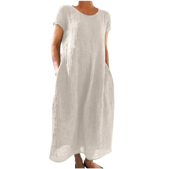 Women's Short Sleeve Dresses Loose Solid Color Crewneck Kaftan Maxi Dress Summer Short Sleeve Casual Pockets Sundress