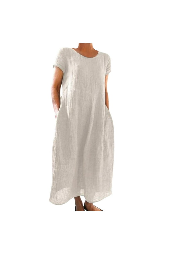 Women's Short Sleeve Dresses Loose Solid Color Crewneck Kaftan Maxi Dress Summer Short Sleeve Casual Pockets Sundress
