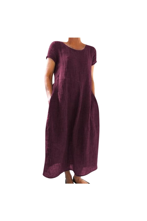 Women's Short Sleeve Dresses Loose Solid Color Crewneck Kaftan Maxi Dress Summer Short Sleeve Casual Pockets Sundress