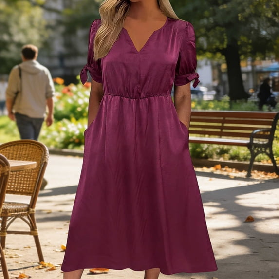 Women's Short Sleeve Dresses with Pockets Plus Size Multi-Color Satin Zipper V-Neck Dress