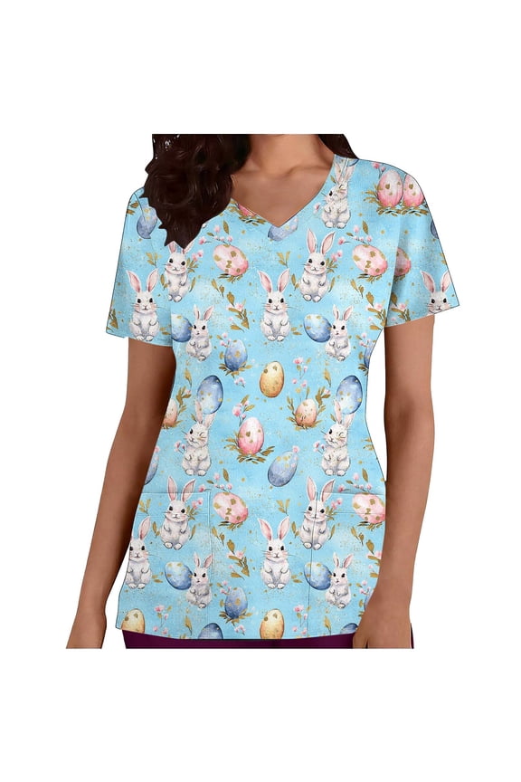 Women's Short Sleeve Easter Print Scrub Top – V-Neck Floral Pocket T Shirts Spring Holiday Top