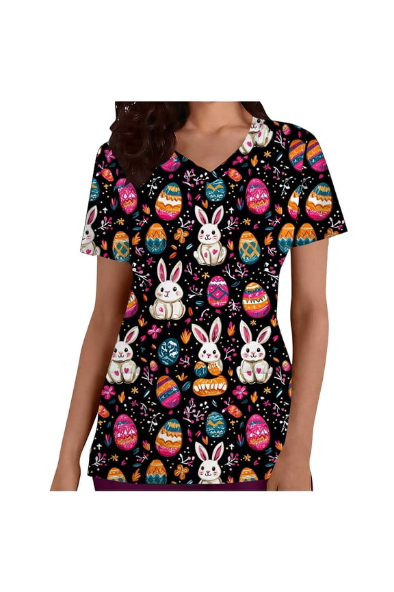 Women's Short Sleeve Easter Print Scrub Top – V-Neck Floral Pocket T Shirts V Neck Top
