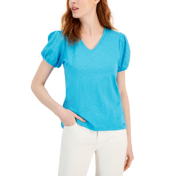 Women's Short Sleeve Eyelet V-Neck Top Oasis XS