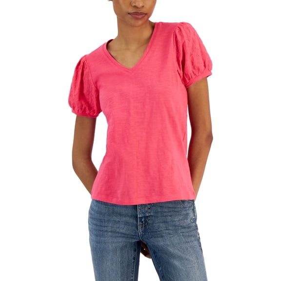 Women's Short Sleeve Eyelet V-Neck Top Rosette XXL