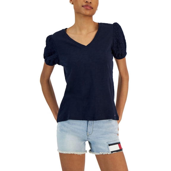 Women's Short Sleeve Eyelet V-Neck Top Sky Captain XS