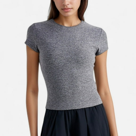 Women's Short Sleeve Fitted Crew Neck Top with Stretch Fabric for a Sleek and Comfortable Everyday Look - Small, Gray
