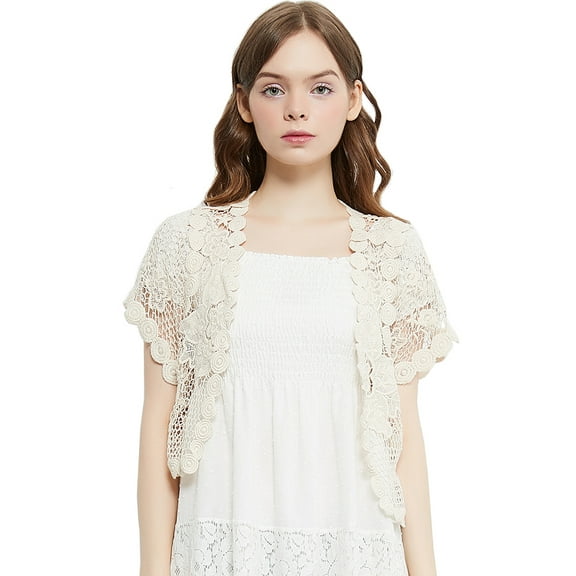 Women's Short Sleeve Floral Lace Crochet Mesh Crop Cardigan Shrug