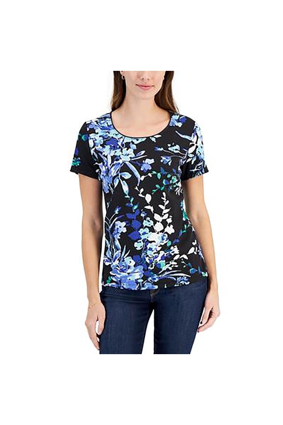 Women's Short-Sleeve Floral-Print Top Black/Green XXL