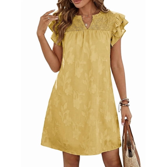 Women's Short Sleeve Floral Ruffle Smocked Mini Dresses Neck Burnout Sundress Dress for Casual Summer Yellow XXL