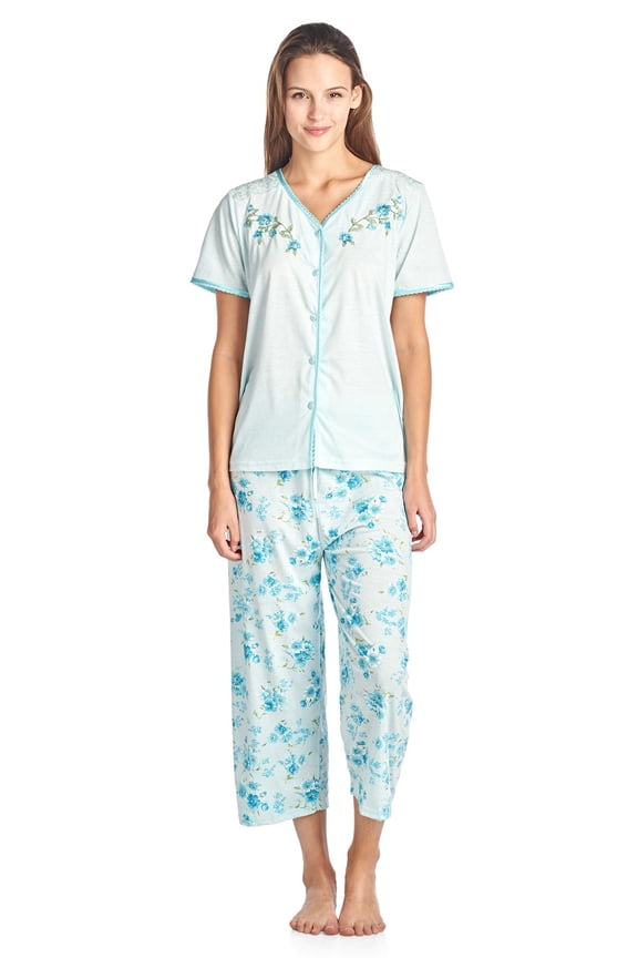 Short Sleeve Floral Satin Lace Capri Pajama Set