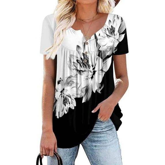 Women’s Short Sleeve Floral Tops Summer Casual Loose Fit Tunic Shirts Button Detail Flowy Blouses for Leggings Jeans Daily Wear