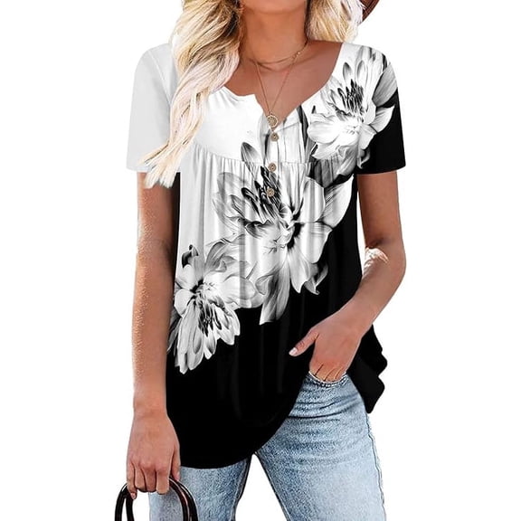 Women’s Short Sleeve Floral Tops Summer Casual Loose Fit Tunic Shirts Button Detail Flowy Blouses for Leggings Jeans Daily Wear