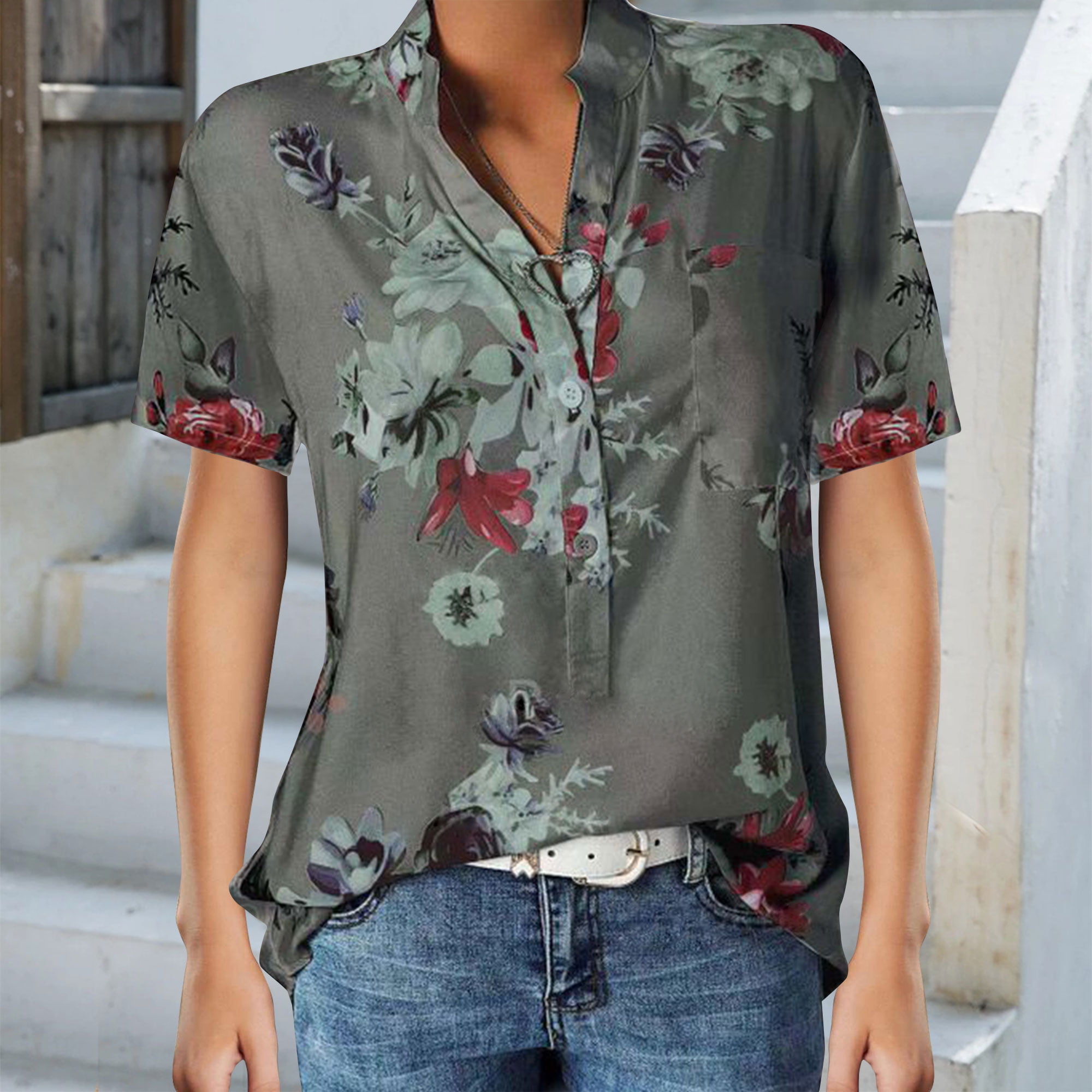 KZKR Women's Floral V Neck Short Sleeve Tops, Casual Loose Fit Tunic ...