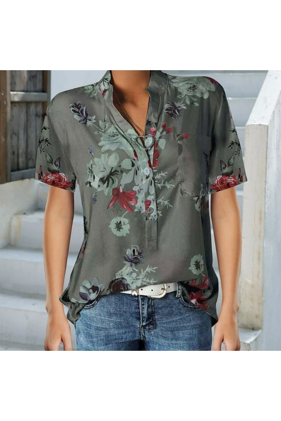 Women's Short Sleeve Floral V Neck Tops, KZKR Casual Tunic Blouse Loose Shirt Button Up Henley Shirt