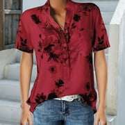 ASKFV Women's Short Sleeve Floral V Neck Tops, KZKR Casual Tunic Blouse Loose Shirt Button Up Henley Shirt