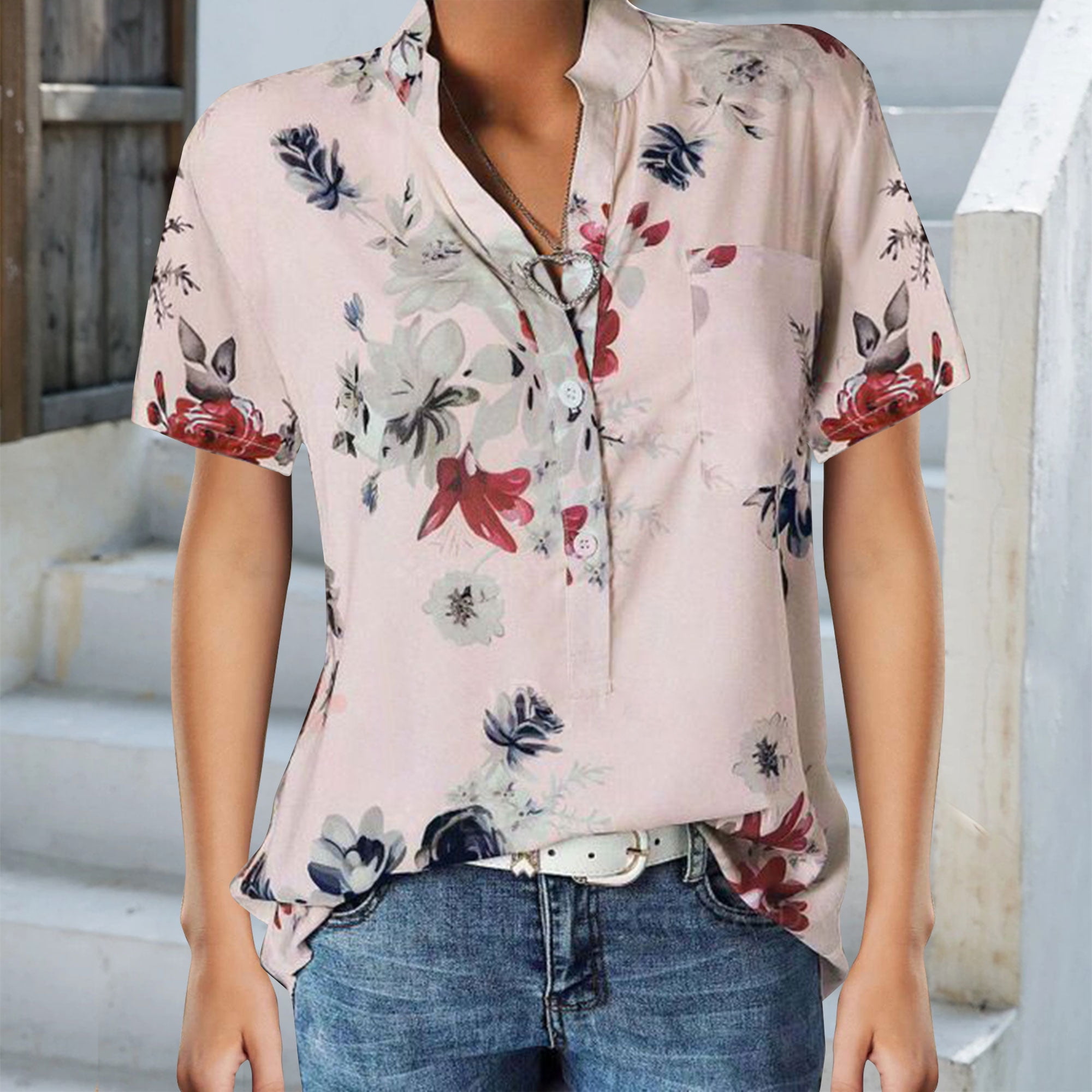 Women's Short Sleeve Floral V Neck Tops, KZKR Casual Tunic Blouse Loose