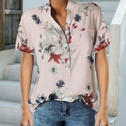 ASKFV Women's Short Sleeve Floral V Neck Tops, KZKR Casual Tunic Blouse Loose Shirt Button Up Henley Shirt