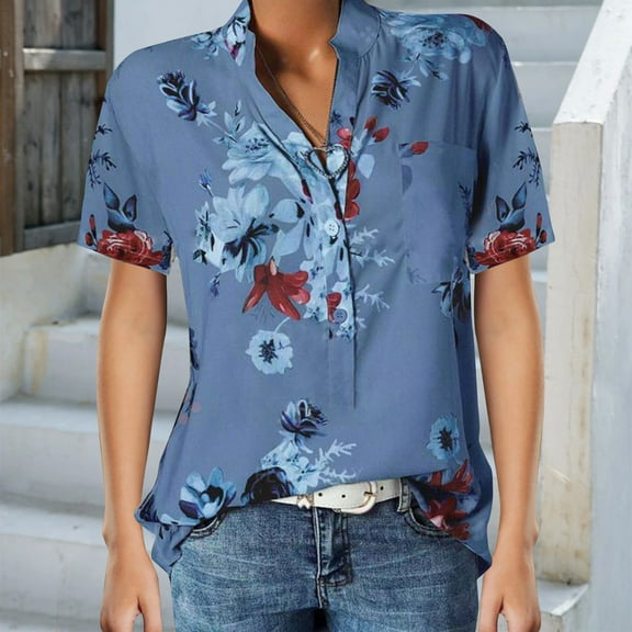 Women's Short Sleeve Floral V Neck Tops, KZKR Casual Tunic Blouse Loose Shirt Button Up Henley Shirt