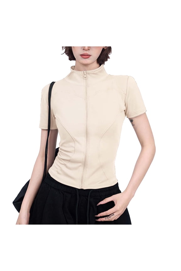 Women's Short Sleeve Full Zip Athletic Jacket - Slim Fit Stand Collar Lightweight Yoga Running Workout Top,White,Small