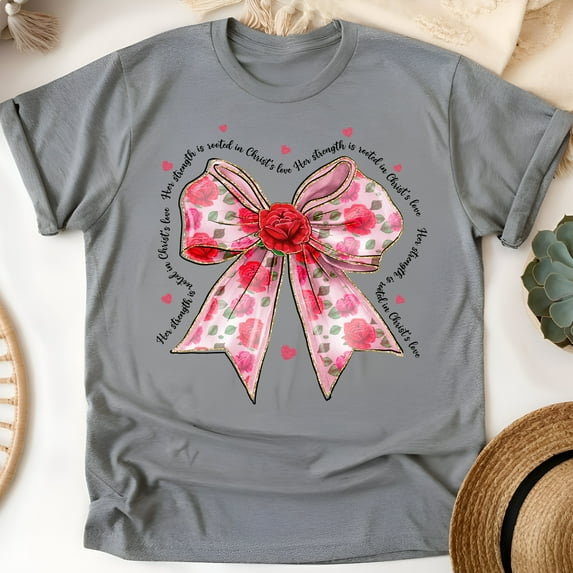Women's Short Sleeve Graphic T-Shirt, Her Strength in Christ Pink Rose Bow, Graphite Heather, Size L