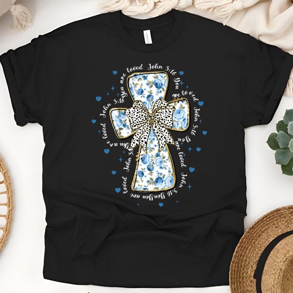 Women's Short Sleeve Graphic T-Shirt, John 3:16 Blue Floral Cross Bow, Black, Size 5XL
