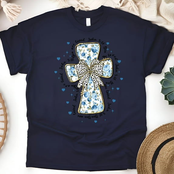 Women's Short Sleeve Graphic T-Shirt, John 3:16 Blue Floral Cross Bow, Navy, Size S