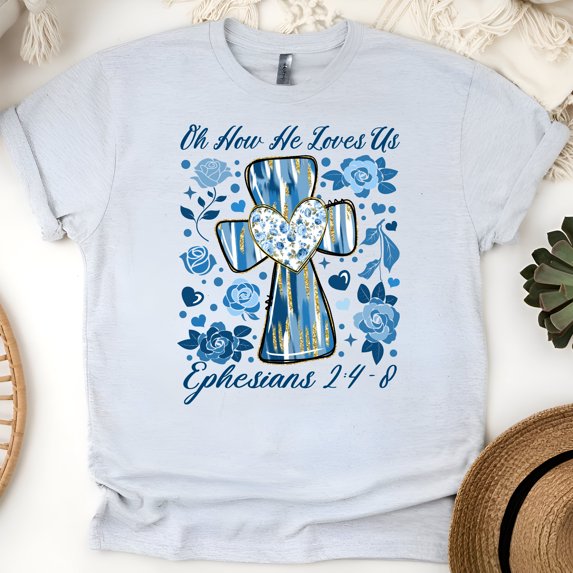 Women's Short Sleeve Graphic T-Shirt, Oh How He Loves Us Cross Ephesians 2:4-8, Ash, Size S