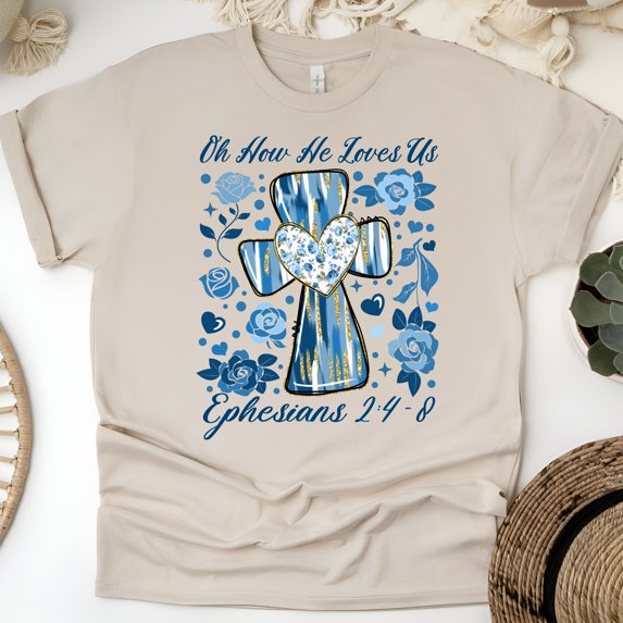 Women's Short Sleeve Graphic T-Shirt, Oh How He Loves Us Cross Ephesians 2:4-8, Sand, Size L