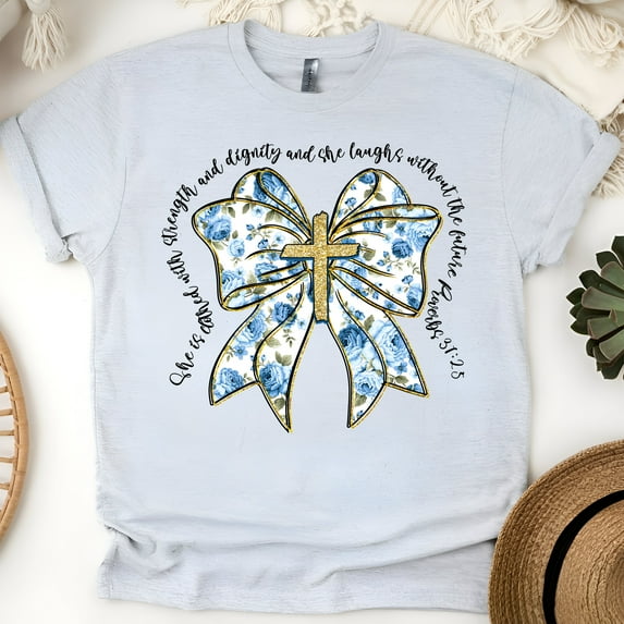 Women's Short Sleeve Graphic T-Shirt, Proverbs 31:25 Strength and Dignity Bow Cross, Ash, Size S