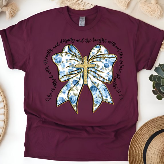 Women's Short Sleeve Graphic T-Shirt, Proverbs 31:25 Strength and Dignity Bow Cross, Maroon, Size XL