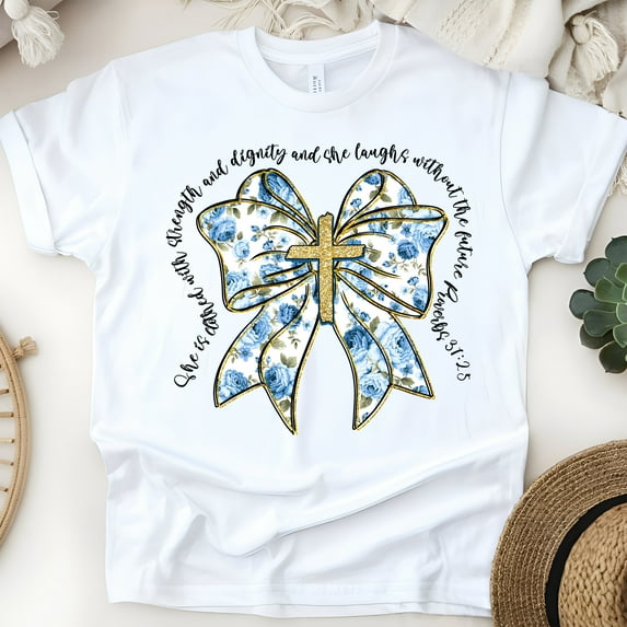 Women's Short Sleeve Graphic T-Shirt, Proverbs 31:25 Strength and Dignity Bow Cross, White, Size 4XL