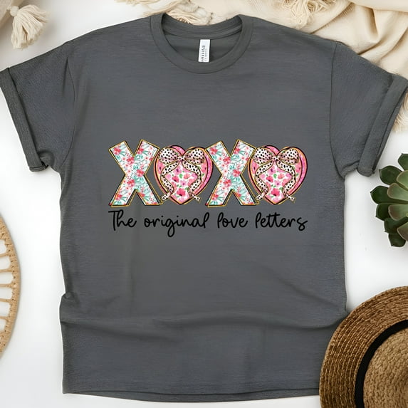 Women's Short Sleeve Graphic T-Shirt, XOXO Love Letters Floral Bow, Dark Heather, Size 2XL