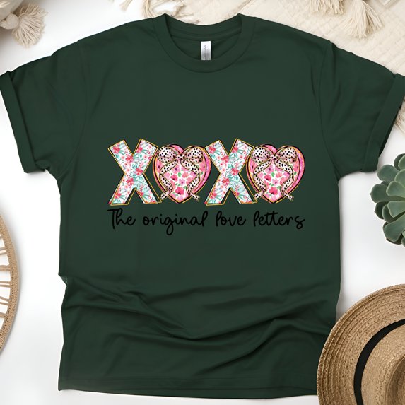Women's Short Sleeve Graphic T-Shirt, XOXO Love Letters Floral Bow, Forest Green, Size L