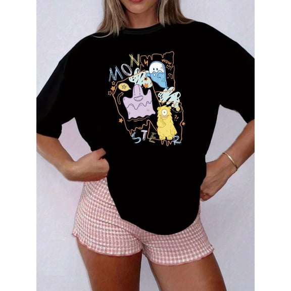 Women's Short Sleeve Graphic Tee, Casual T-Shirt with Printed Design, Crew Neck Tops for Spring and Summer, Funny,cotton,black,S-5XL