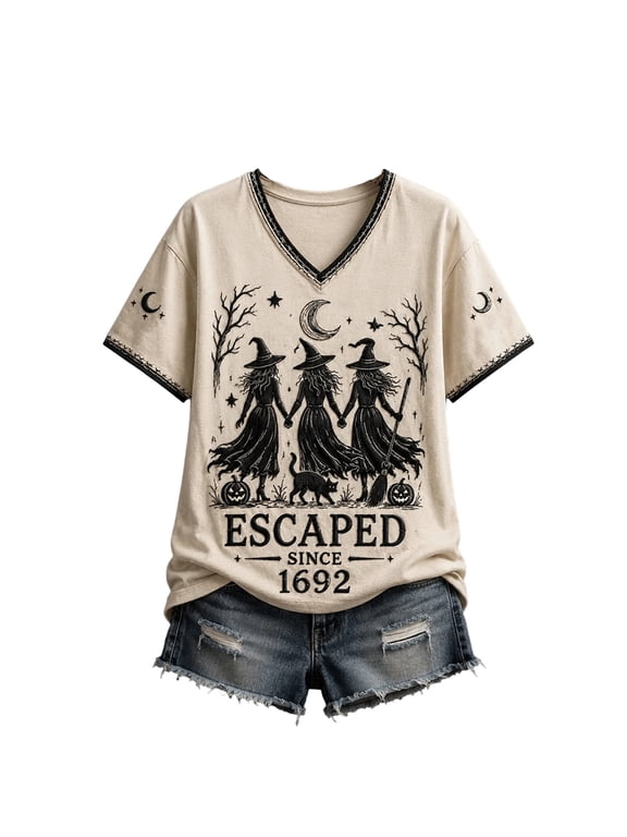 Women's Short Sleeve Halloween Shirts Witch Print Novelty Graphic Tees Casual V Neck Halloween Costumes