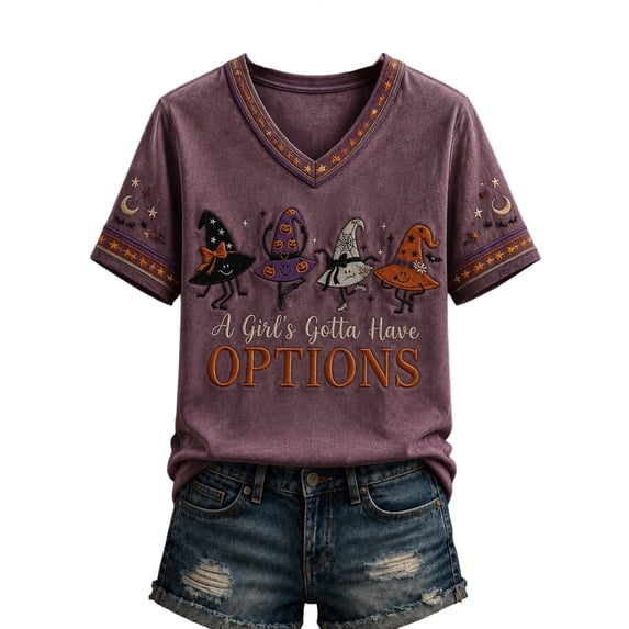 Women's Short Sleeve Halloween Shirts Witch Theme Print Novelty Graphic Tees Casual V Neck Halloween Costumes