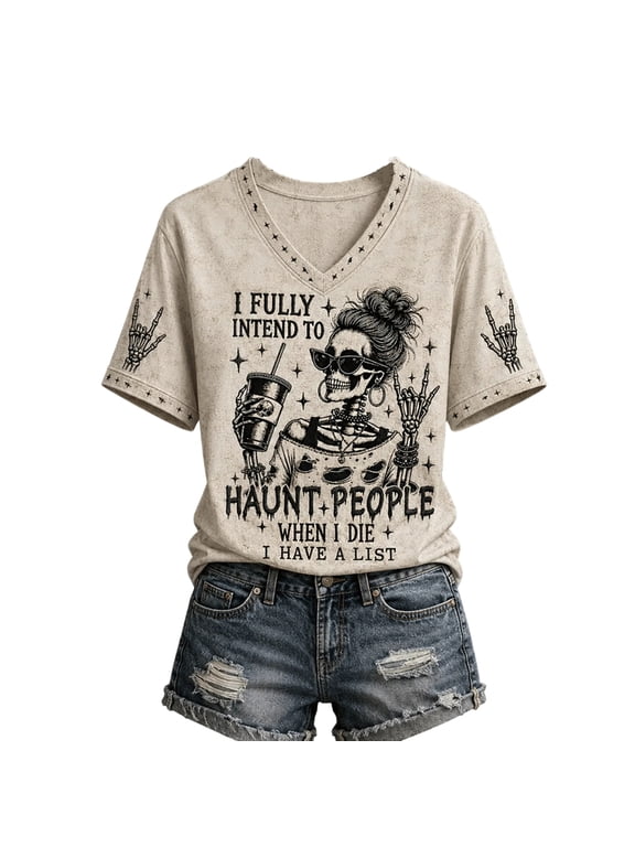 Women's Short Sleeve Halloween Shirts Witch Theme Print Novelty Graphic Tees Casual V Neck Halloween Costumes