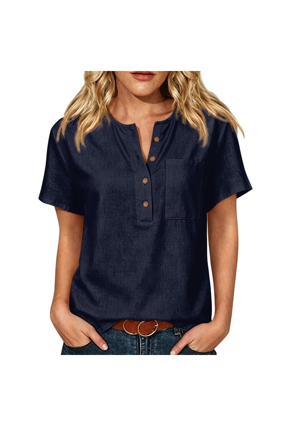 Women's Short Sleeve Henley Shirt Button Front Pocketed Blouse Loose Fit Casual Tops for Work Daily Wear with Pocket, L