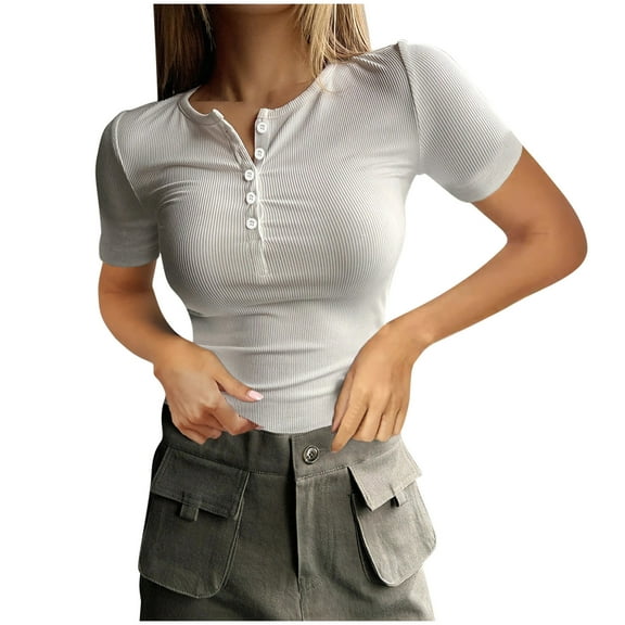 Women's Short Sleeve Henley T Shirts Casual Summer Button Ribbed Knit Slim Fit Basic Tops Blouse