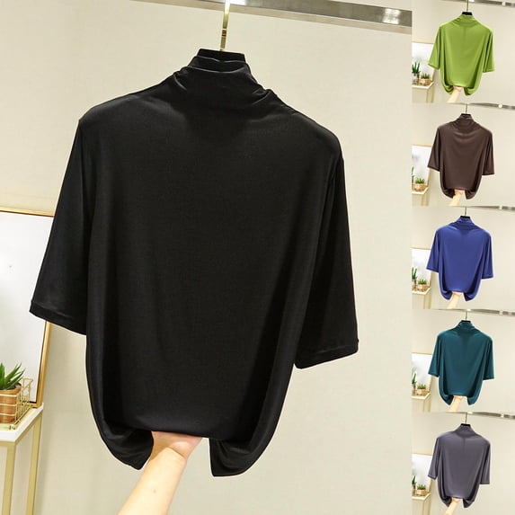 Women's Short Sleeve High Neck Tops Shirts Blouses Solid Color Crewneck Basic Tee Casual Daily Wear Work Office Vacation Fashion Essential Gift for Ladies | CSEONE,Blue XL