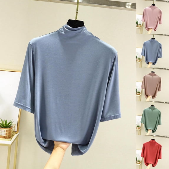 Women's Short Sleeve High Neck Undershirt Tops Shirts Blouses Solid Color Casual Daily Wear Loungewear Layering Essential Fashion Gift for Ladies | CSEONE,Light Blue L