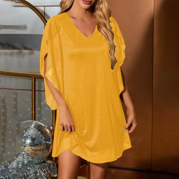 Women's Short Sleeve Holiday Party Dress Solid Color V Neck Metallic Print Casual Dresses Yellow S