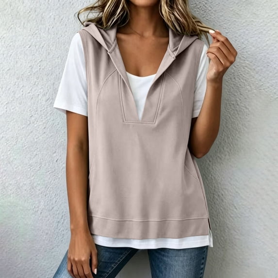 Women's Short Sleeve Hooded Patchwork V-Neck Loose Casual Blouse Pullover Tops Khaki Light Sweatshirt Jackets for Women M