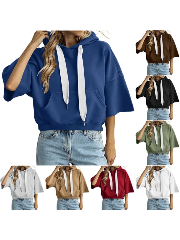 Women's Short Sleeve Hoodie Pullover Drawstring with Pockets Loose Fit Casual Sweatshirt Top