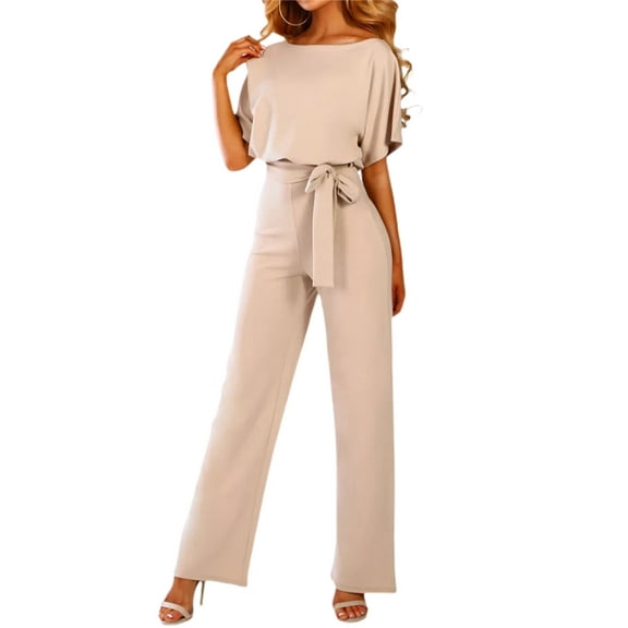 Women's Short Sleeve Jumpsuits and Rompers Casual Wide Leg Tie Waist One Piece Summer Overalls Outfit