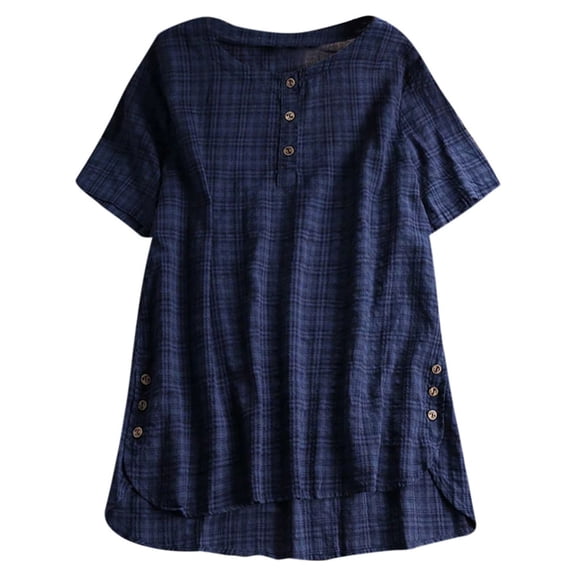 Women's Short Sleeve Kaftan Baggy Button Cotton Solid Casual Tunic Blouse