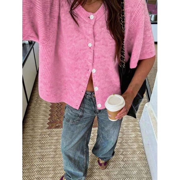 Women's Short Sleeve Knit Cardigan Top, Round Neck Button Front Sweater Shirt, Casual Cropped Layering Blouse for Streetwear, Office and Daily Wear