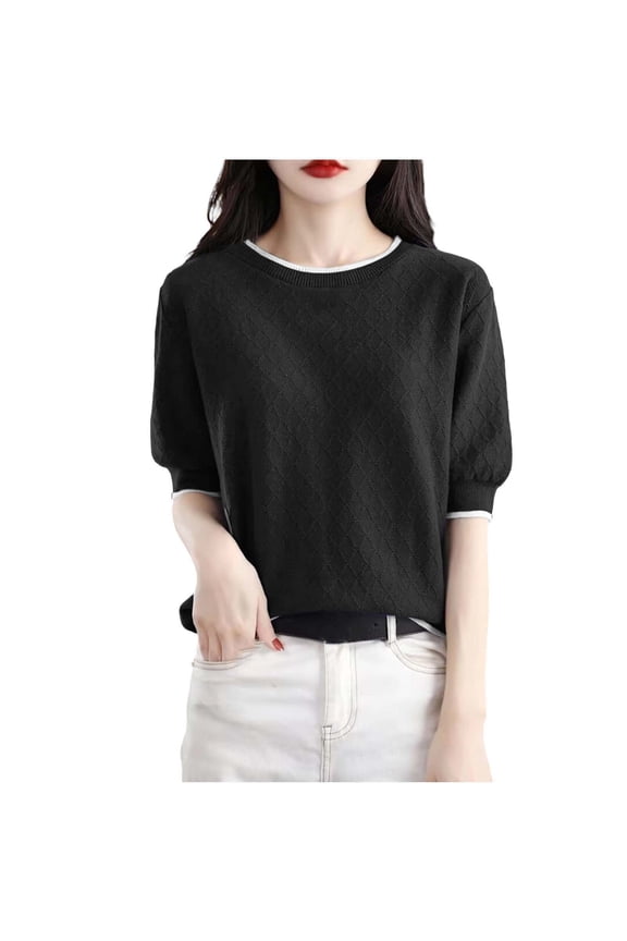 Women's Short Sleeve Knit Top Contrast Trim Round Neck Textured Shirts Geometric Pattern Casual Summer Blouse
