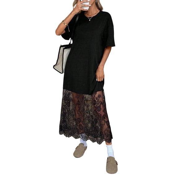 Women's Short Sleeve Lace Patchwork Maxi Dress Summer Crew Neck Casual Long Dresses Black - In Stock S