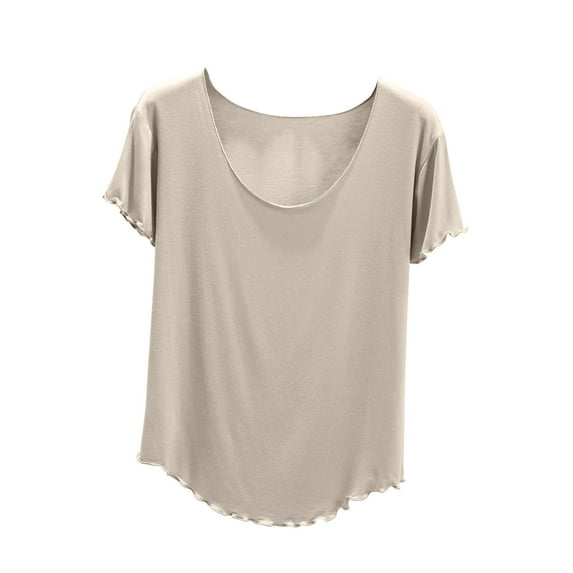 Women's Short Sleeve Lace Patchwork Tunic Tops Loose Fit Flowy Y2K Tops Dressy Casual Vintage Solid Color Summer Clothes for Teen Girls Comfy Casual Shirts Round Neck Blouse Fashion Beige T Shirts L